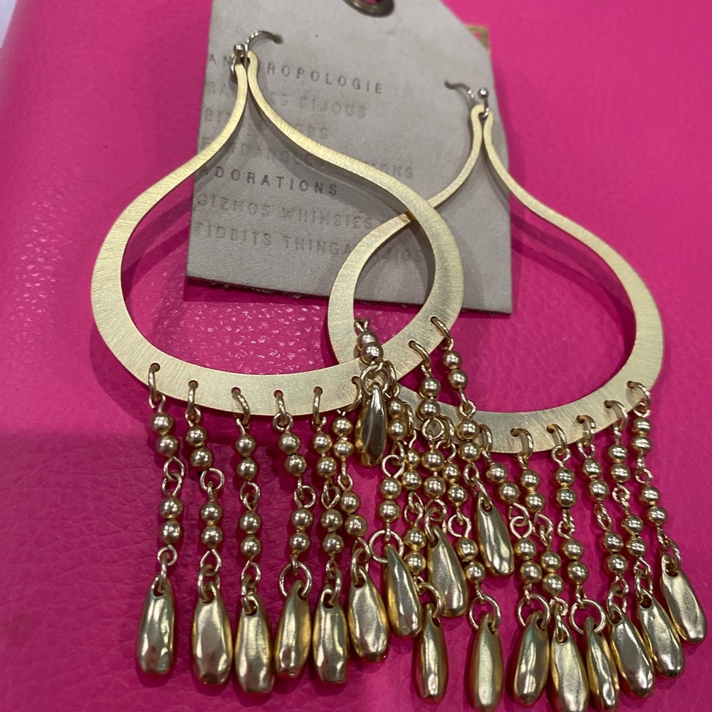 Anthropologie Gold Fringe Hoop Earrings